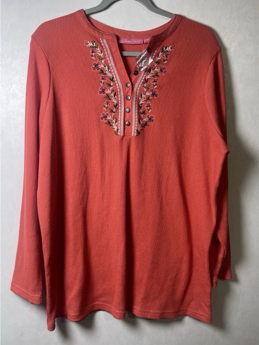 Woman Within Coral Ribbed Long-Sleeve Henley with Floral Embroidery